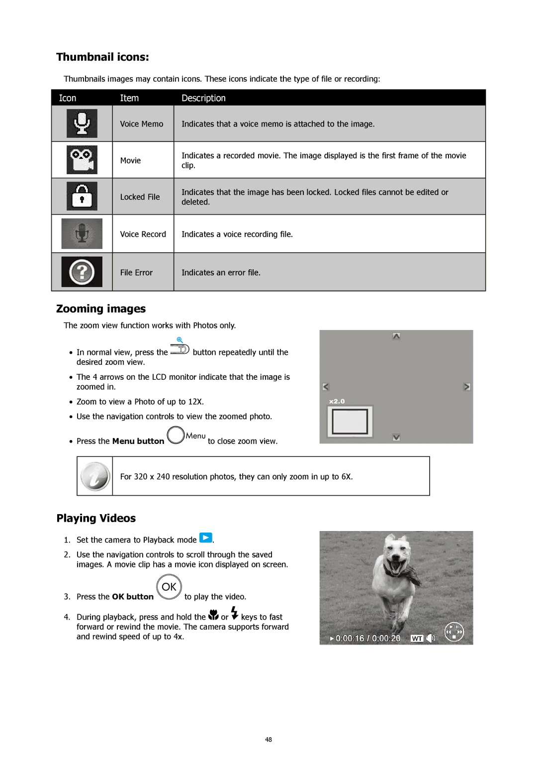 HP CW450A manual Thumbnail icons, Zooming images, Playing Videos 