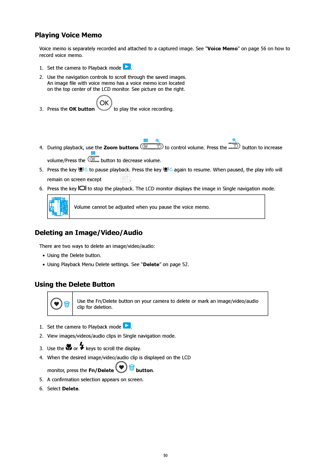 HP CW450A manual Playing Voice Memo, Deleting an Image/Video/Audio, Using the Delete Button 