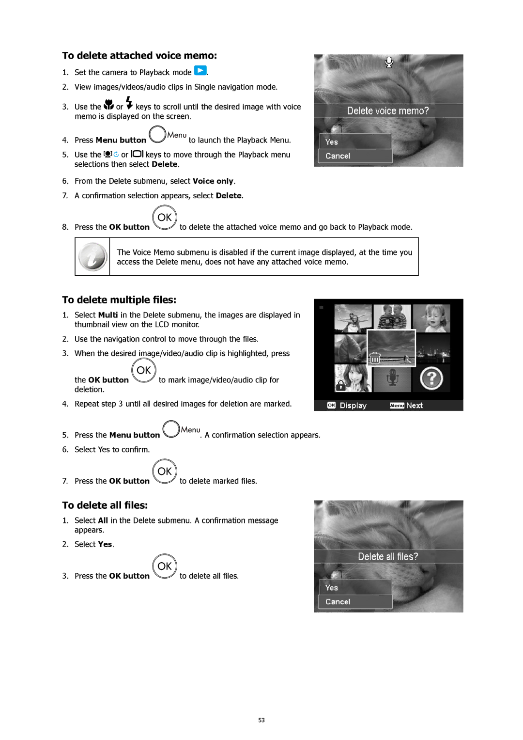 HP CW450A manual To delete attached voice memo, To delete multiple files, To delete all files 