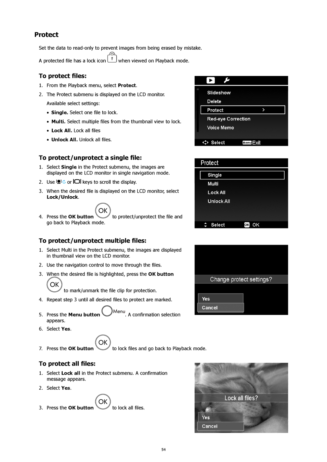 HP CW450A manual Protect, To protect files, To protect/unprotect a single file, To protect/unprotect multiple files 