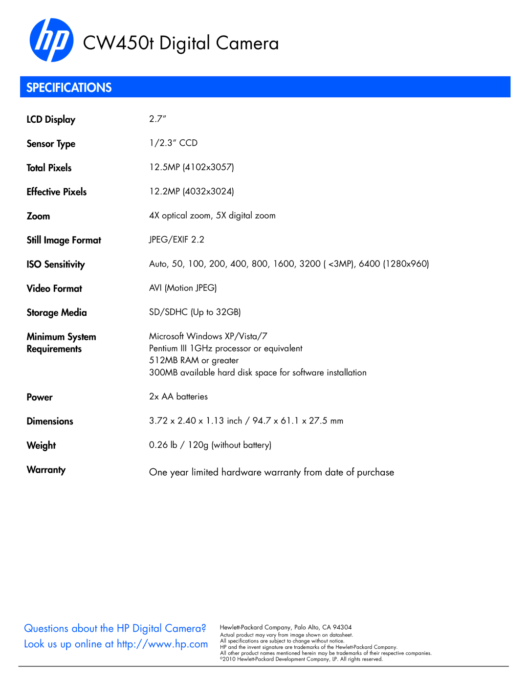 HP CW450t manual Specifications 