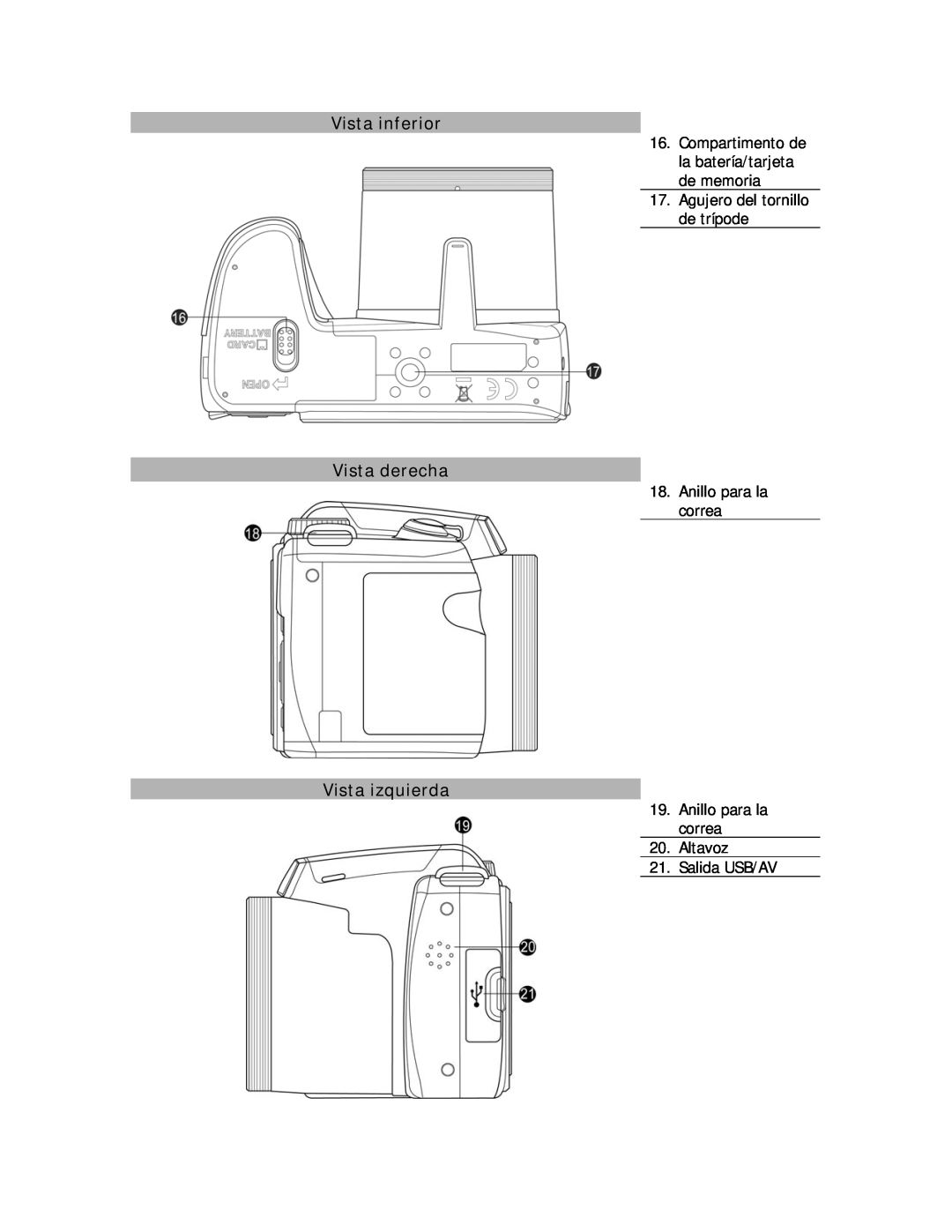 HP D-3000 manual Vista inferior, Vista derecha, Vista izquierda, Compartimento de la batería/tarjeta de memoria 