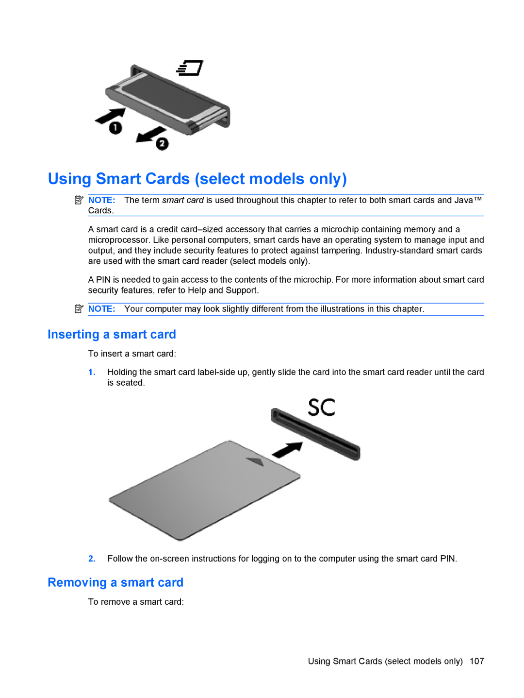 HP 15.6 C6Y99UT#ABA manual Using Smart Cards select models only, Inserting a smart card, Removing a smart card 