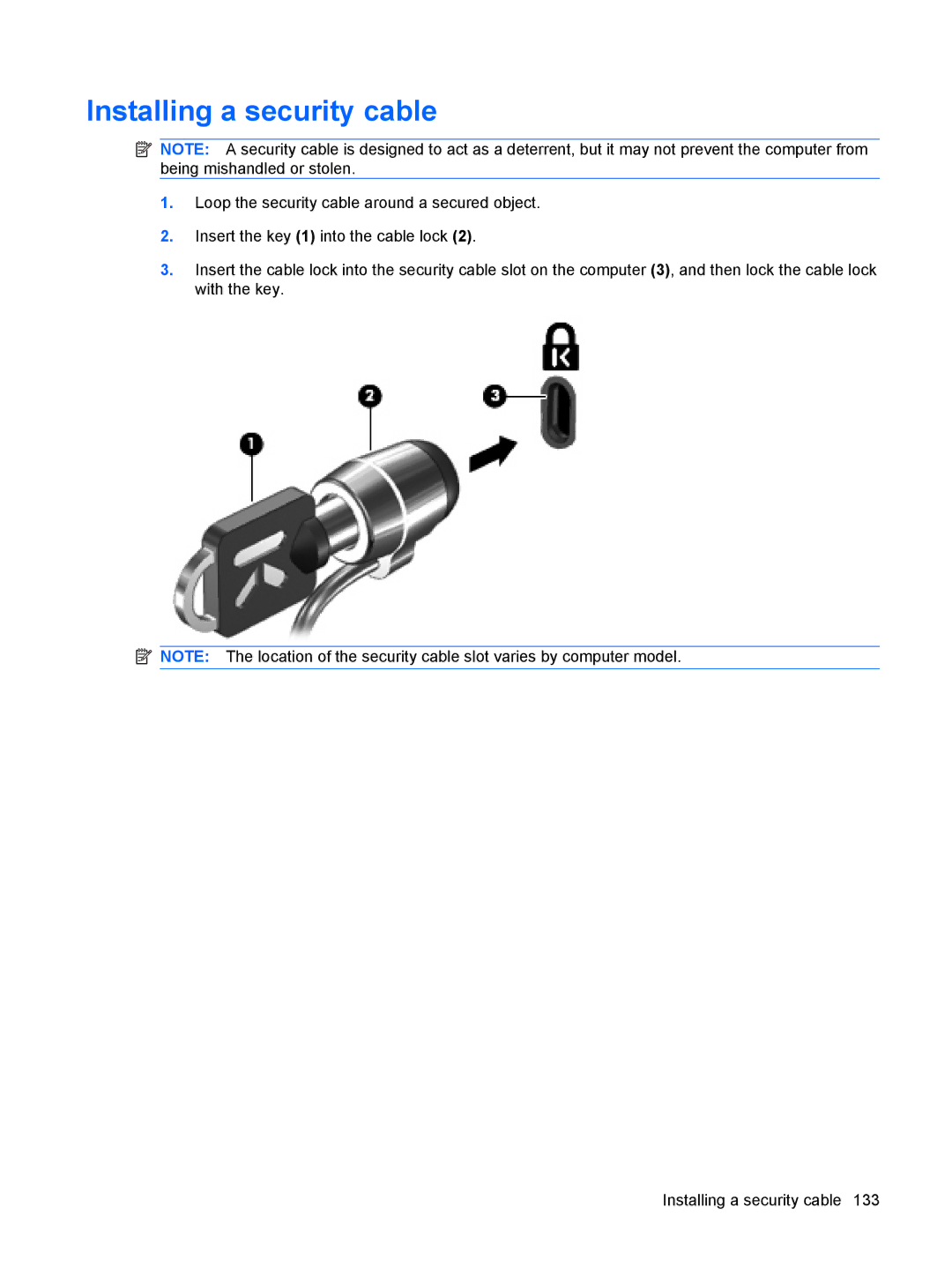 HP 8470p 14' C4P35UP#ABA, D0T70US 14 D0T70US#ABA, 15.6 C6Y99UT#ABA manual Installing a security cable 