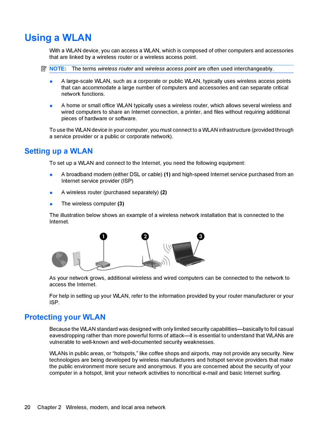 HP 15.6 C6Y99UT#ABA, D0T70US 14 D0T70US#ABA, 8470p 14' C4P35UP#ABA Using a Wlan, Setting up a Wlan, Protecting your Wlan 