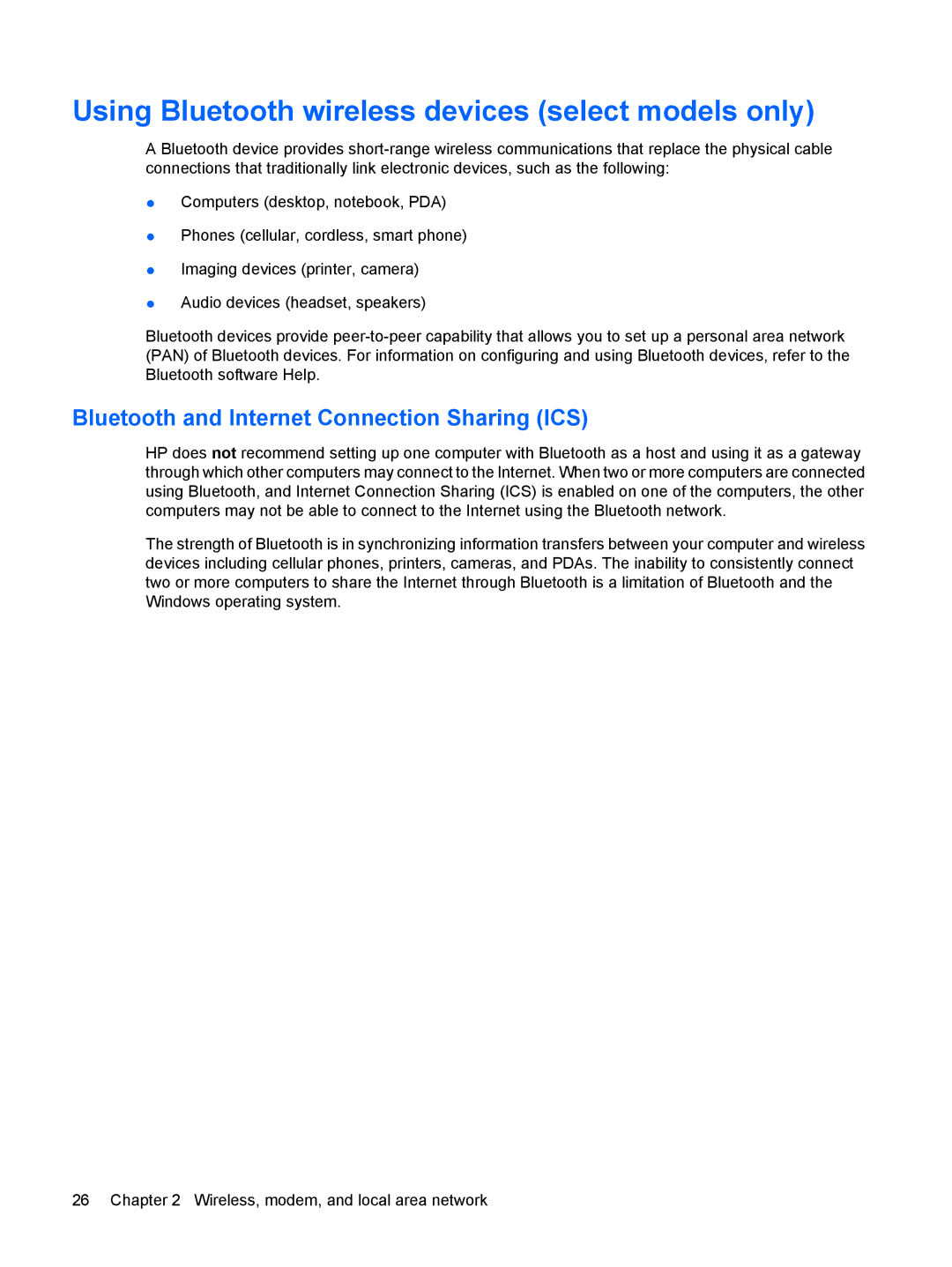 HP 15.6 C6Y99UT#ABA Using Bluetooth wireless devices select models only, Bluetooth and Internet Connection Sharing ICS 