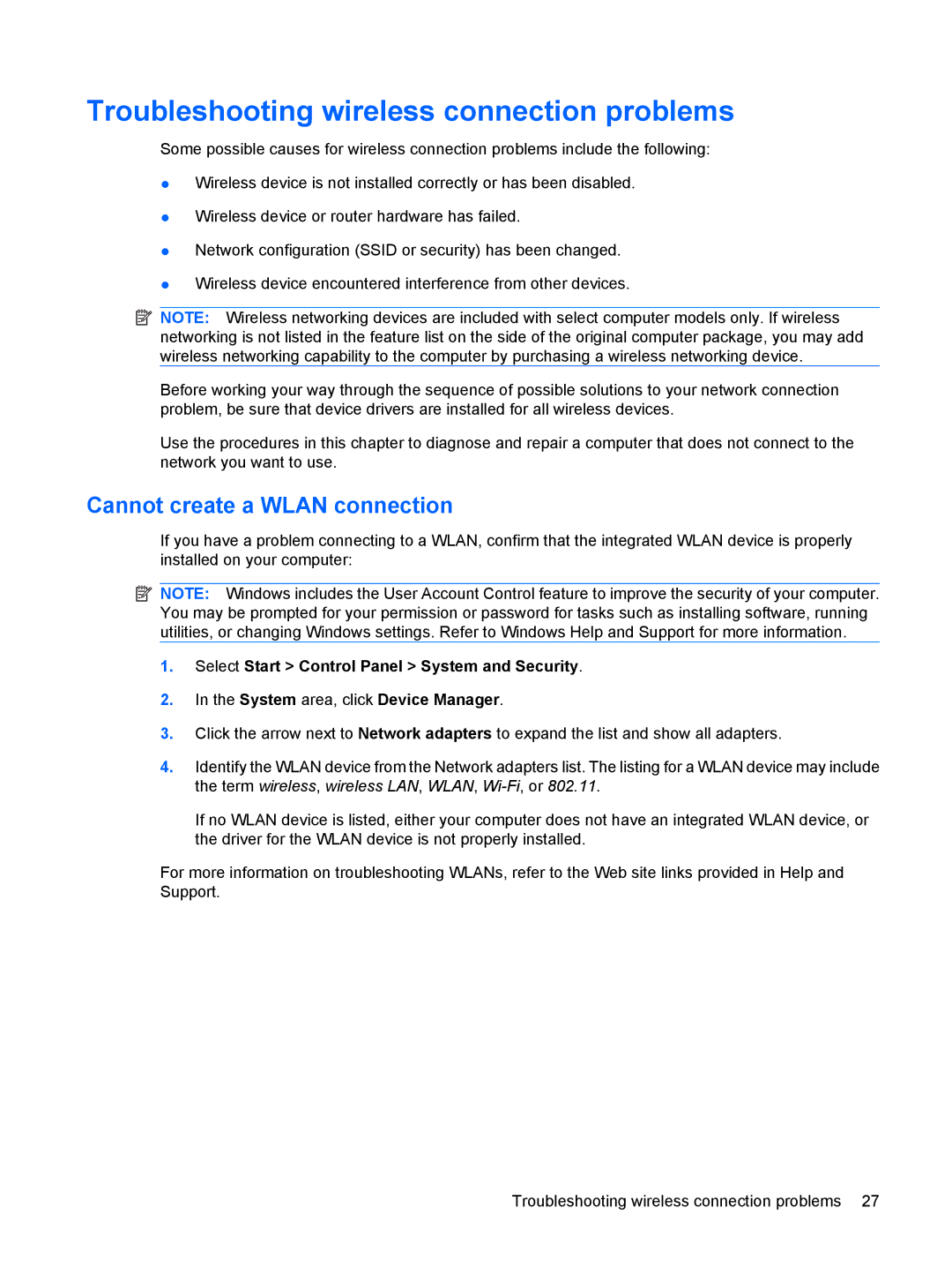 HP D0T70US 14 D0T70US#ABA, 15.6 C6Y99UT#ABA Troubleshooting wireless connection problems, Cannot create a Wlan connection 