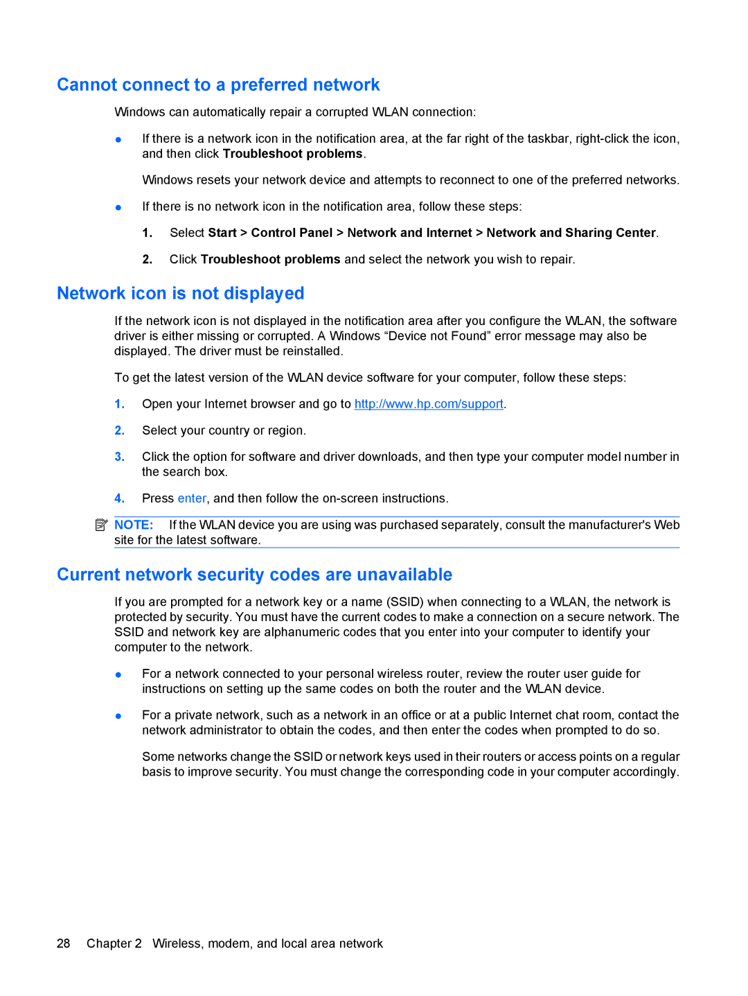 HP 8470p 14' C4P35UP#ABA, D0T70US 14 D0T70US#ABA manual Cannot connect to a preferred network, Network icon is not displayed 