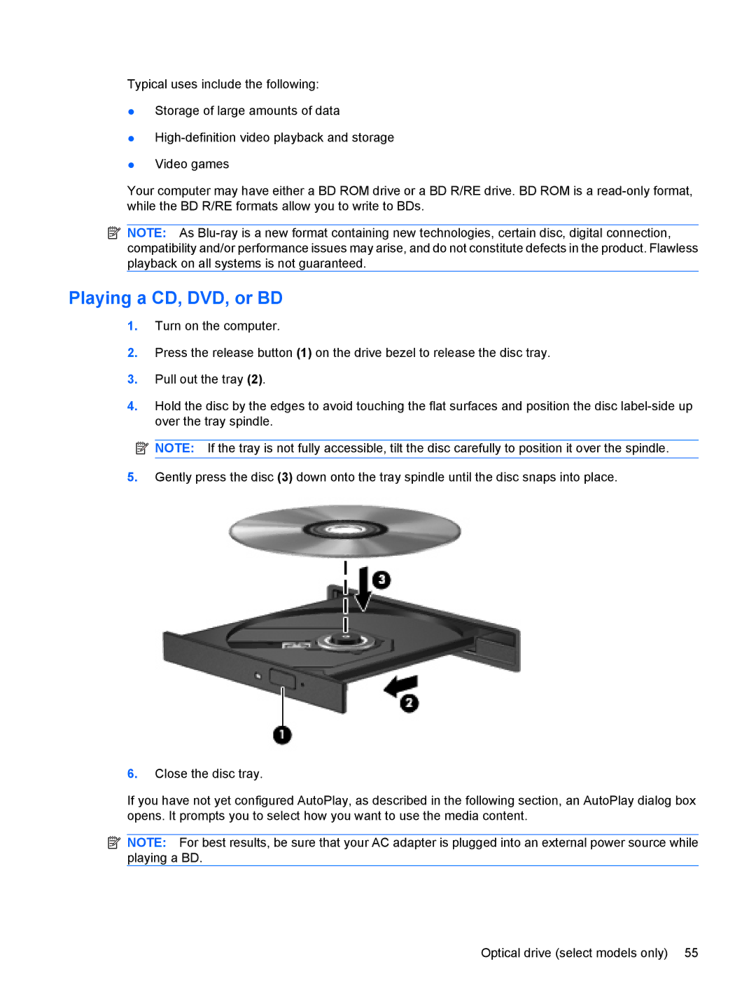 HP 8470p 14' C4P35UP#ABA, D0T70US 14 D0T70US#ABA, 15.6 C6Y99UT#ABA manual Playing a CD, DVD, or BD 