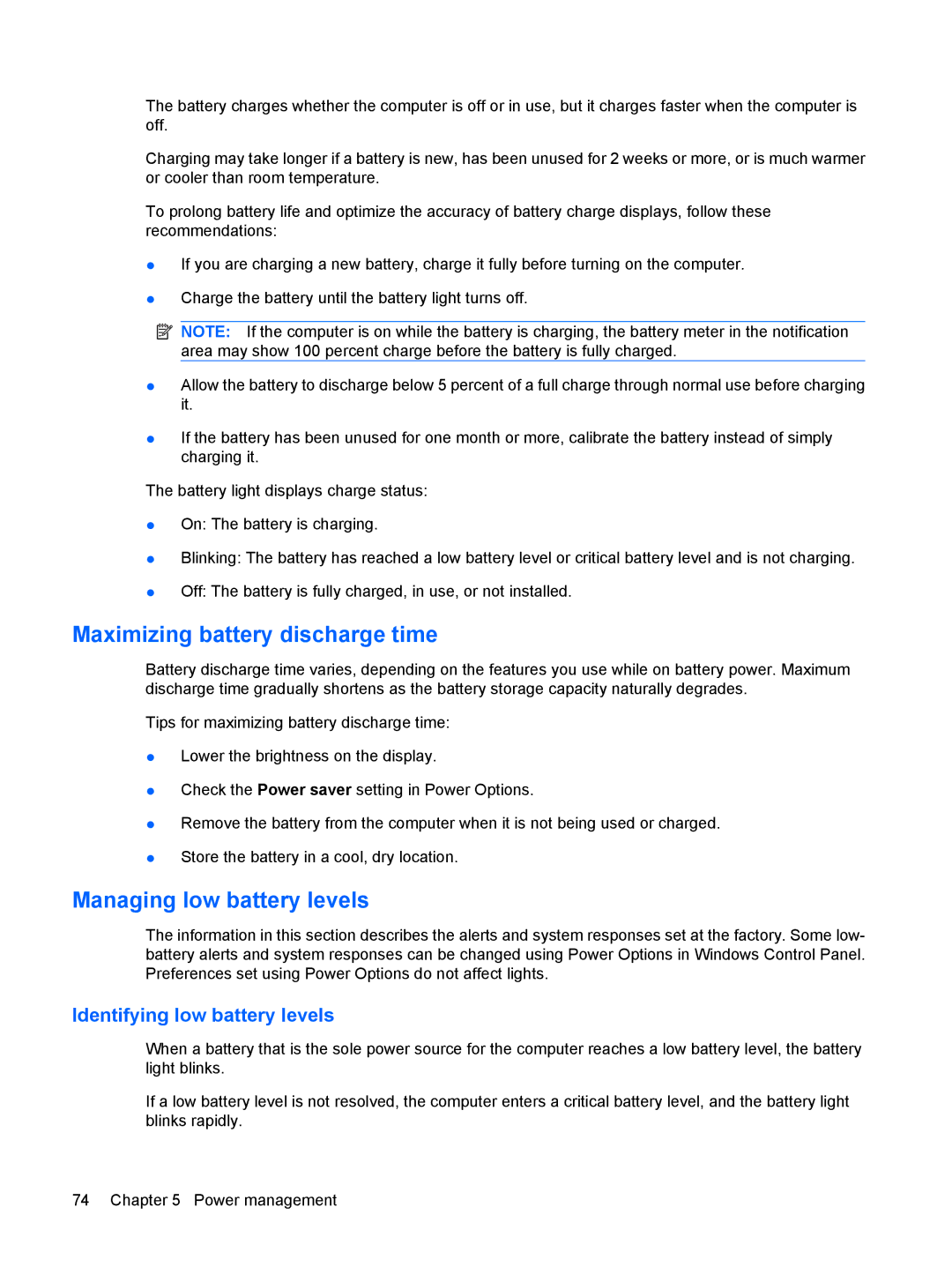 HP 15.6 C6Y99UT#ABA manual Maximizing battery discharge time, Managing low battery levels, Identifying low battery levels 