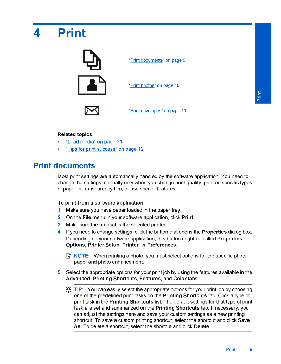 HP D110 manual Print documents, Related topics, To print from a software application 