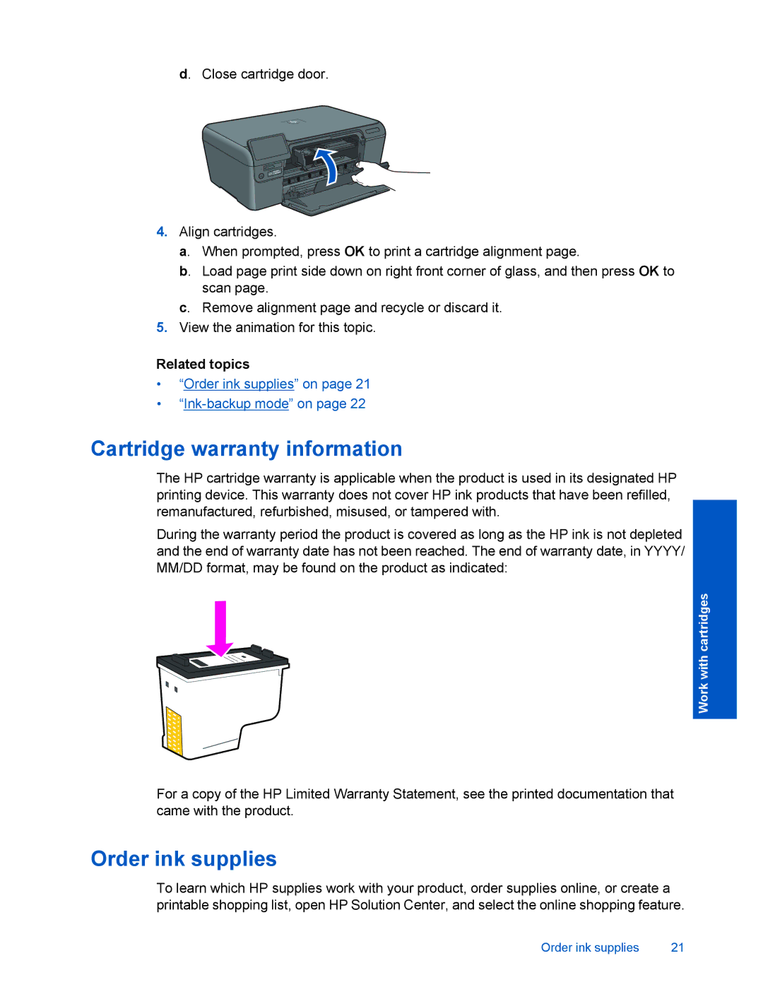 HP D110 manual Cartridge warranty information, Order ink supplies 