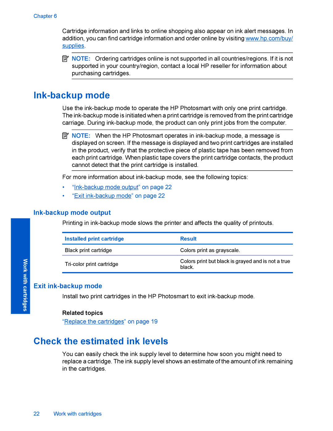 HP D110 manual Ink-backup mode, Check the estimated ink levels 