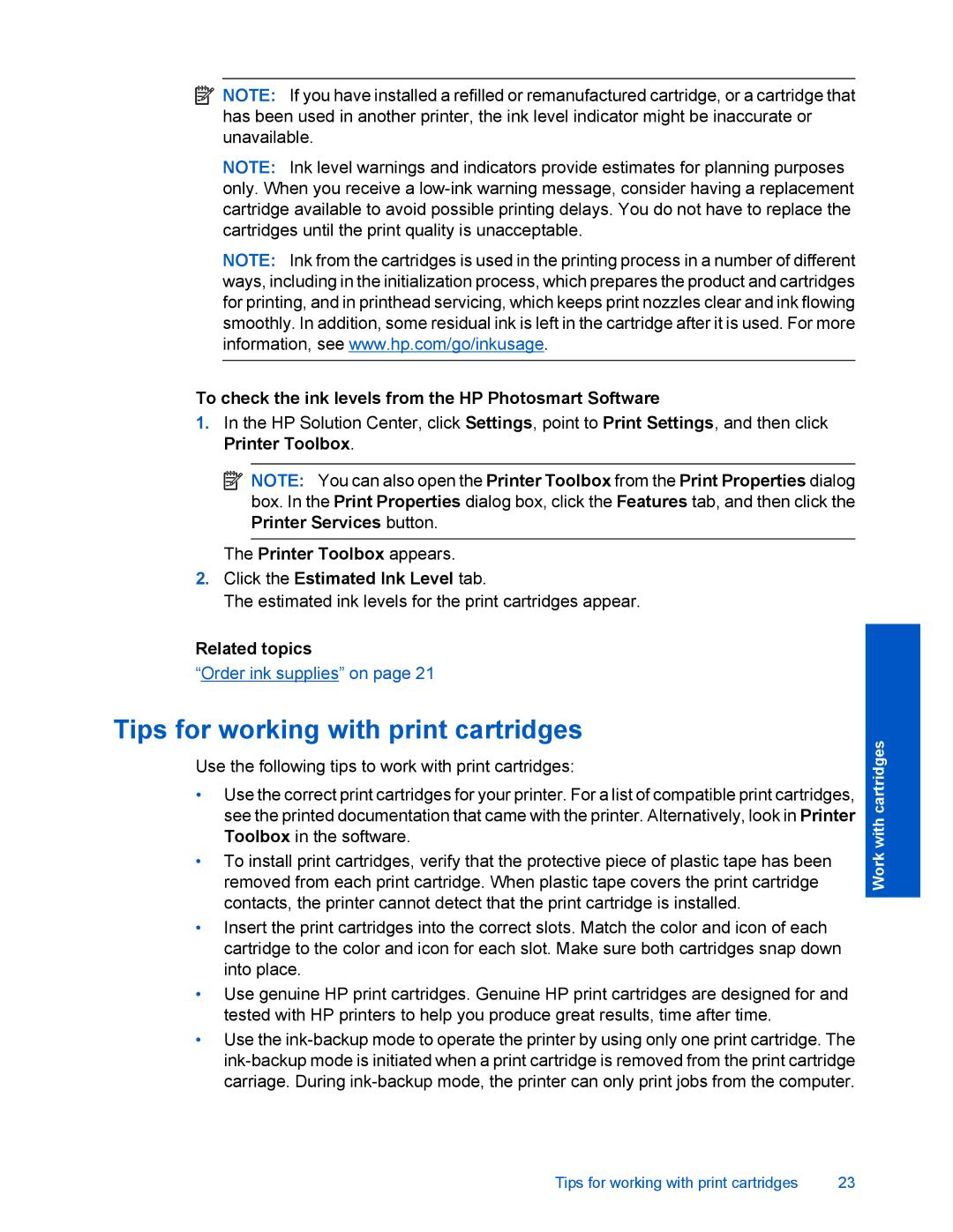 HP D110 manual Tips for working with print cartridges, To check the ink levels from the HP Photosmart Software 