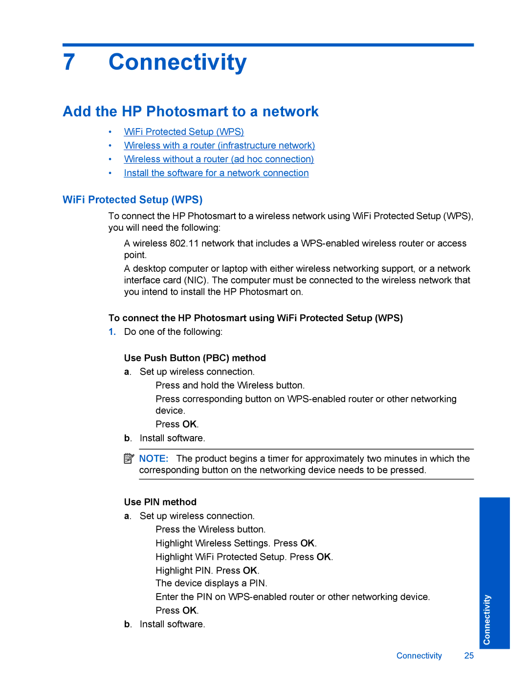 HP D110 Connectivity, Add the HP Photosmart to a network, To connect the HP Photosmart using WiFi Protected Setup WPS 