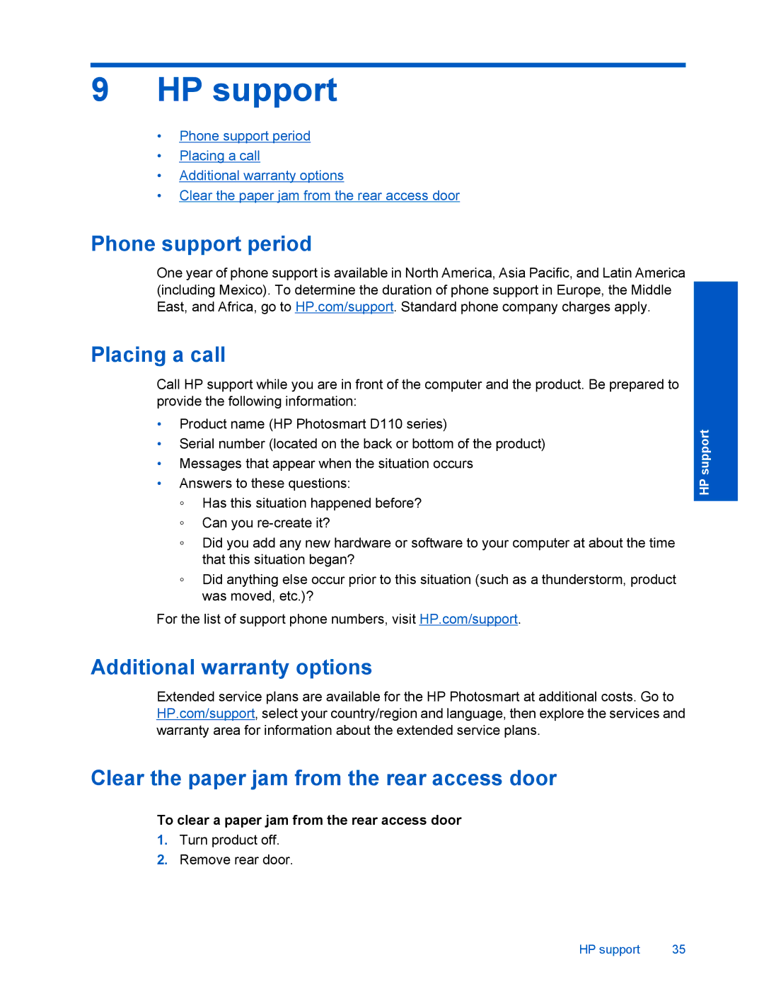 HP D110 manual HP support, Phone support period Placing a call, To clear a paper jam from the rear access door 