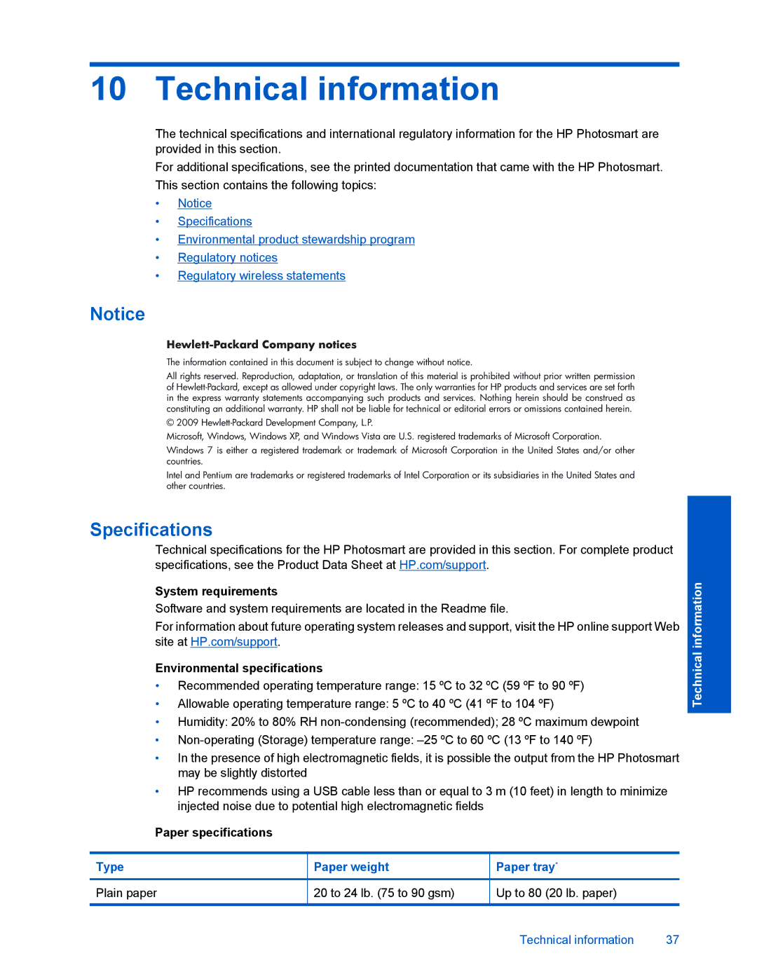 HP D110 manual Technical information, Hewlett-Packard Company notices 