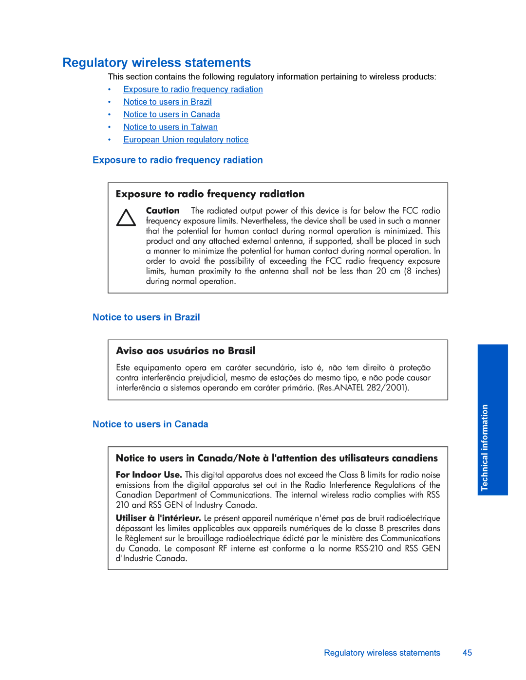 HP D110 manual Regulatory wireless statements 