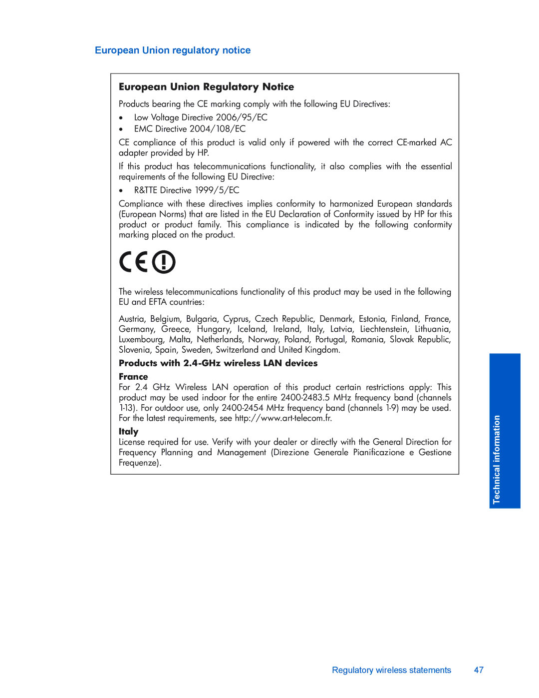 HP D110 manual European Union Regulatory Notice 