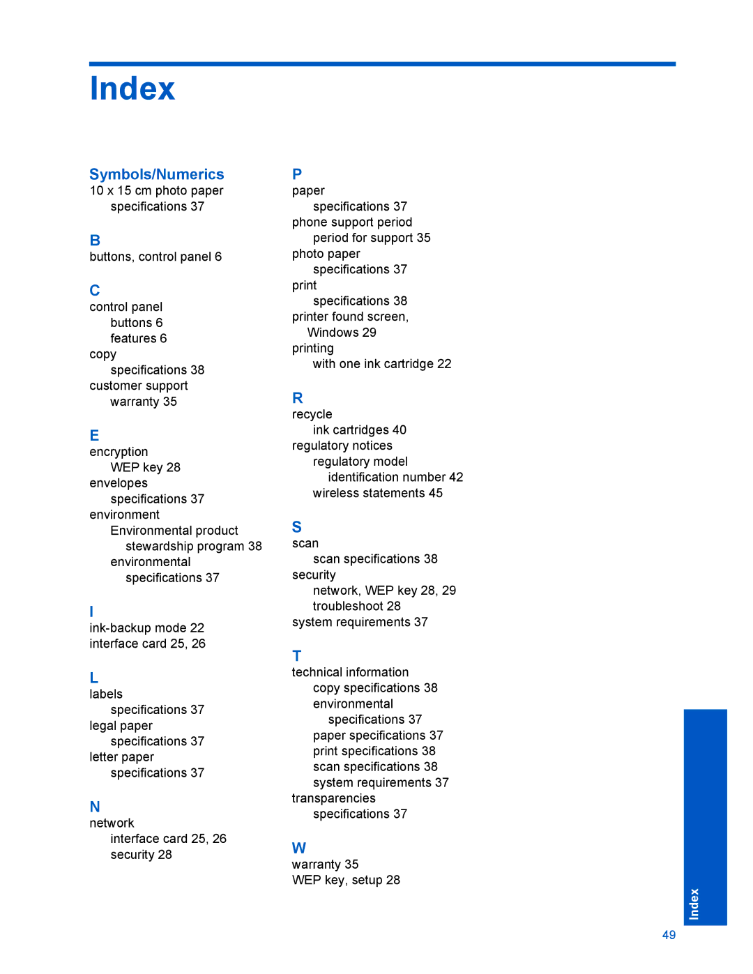 HP D110 manual Index, Symbols/Numerics 