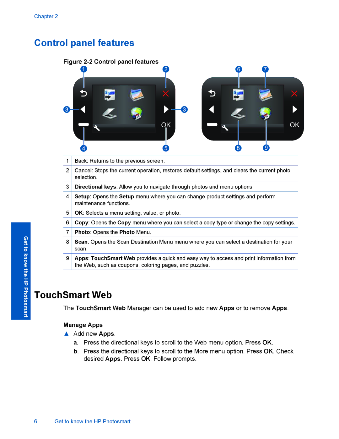 HP D110 manual Control panel features, Manage Apps 