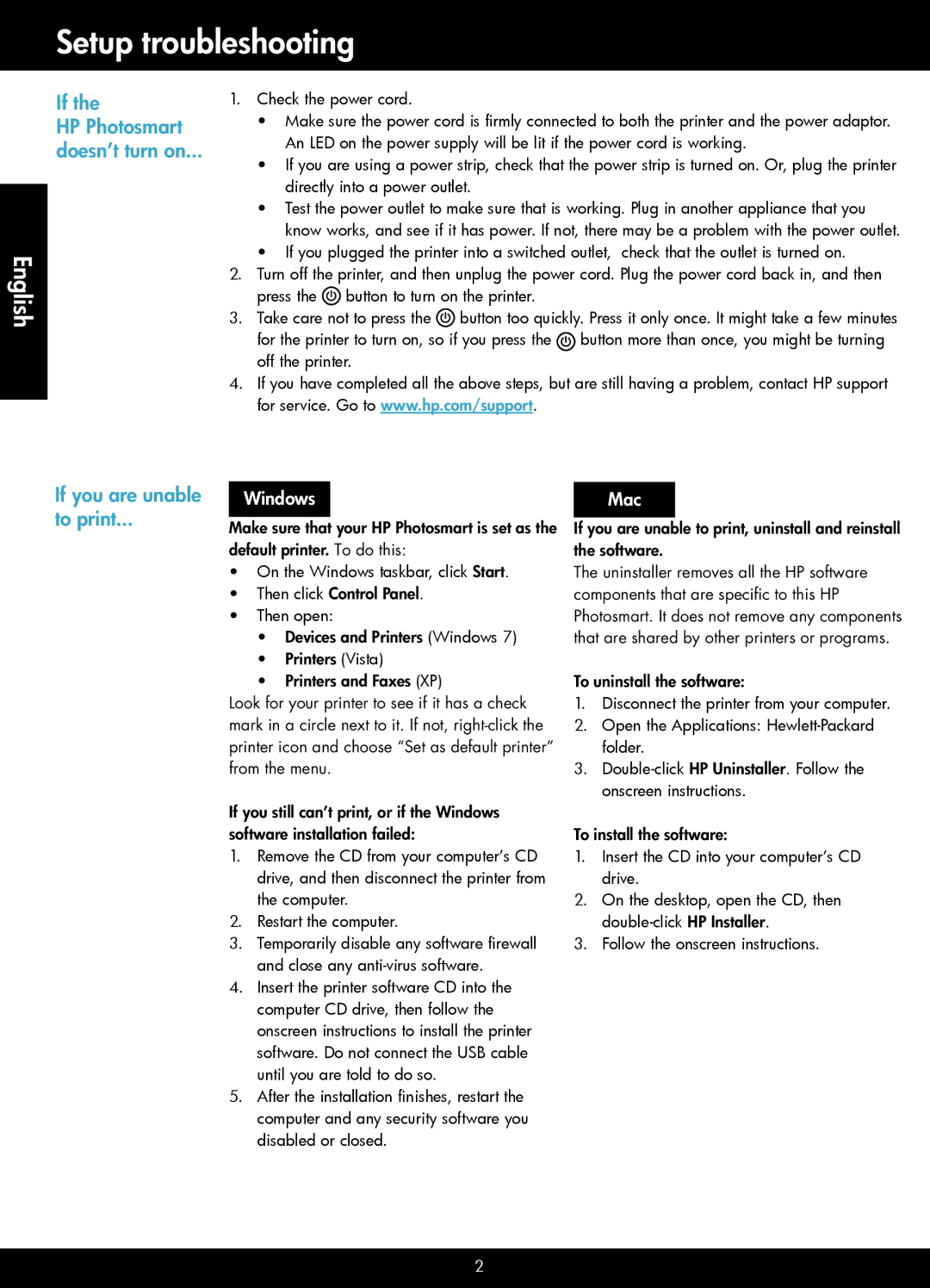 HP D110 manual Setup troubleshooting, Windows, Mac 