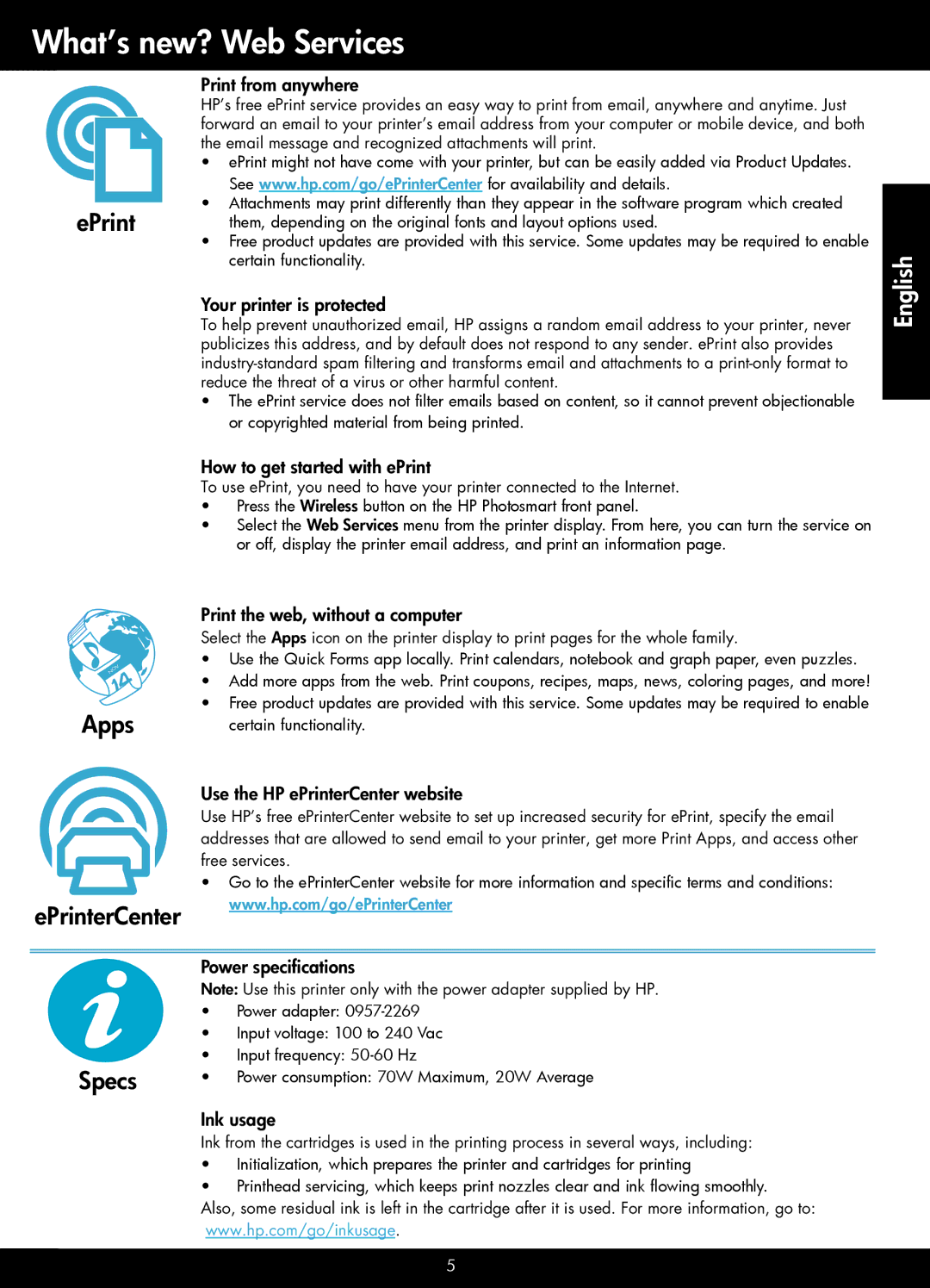 HP D110 manual What’s new? Web Services, EPrint, Apps, Specs 