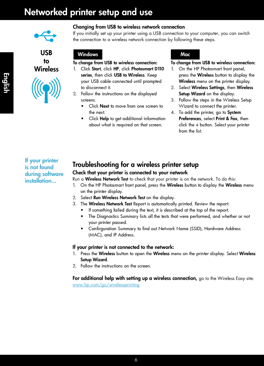 HP D110 manual Networked printer setup and use, Wireless, Troubleshooting for a wireless printer setup 