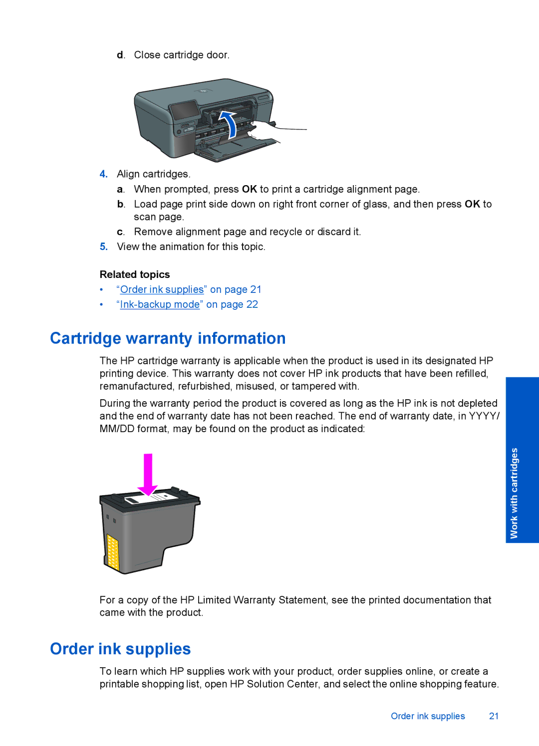 HP D110A CN731A#B1H manual Cartridge warranty information, Order ink supplies 