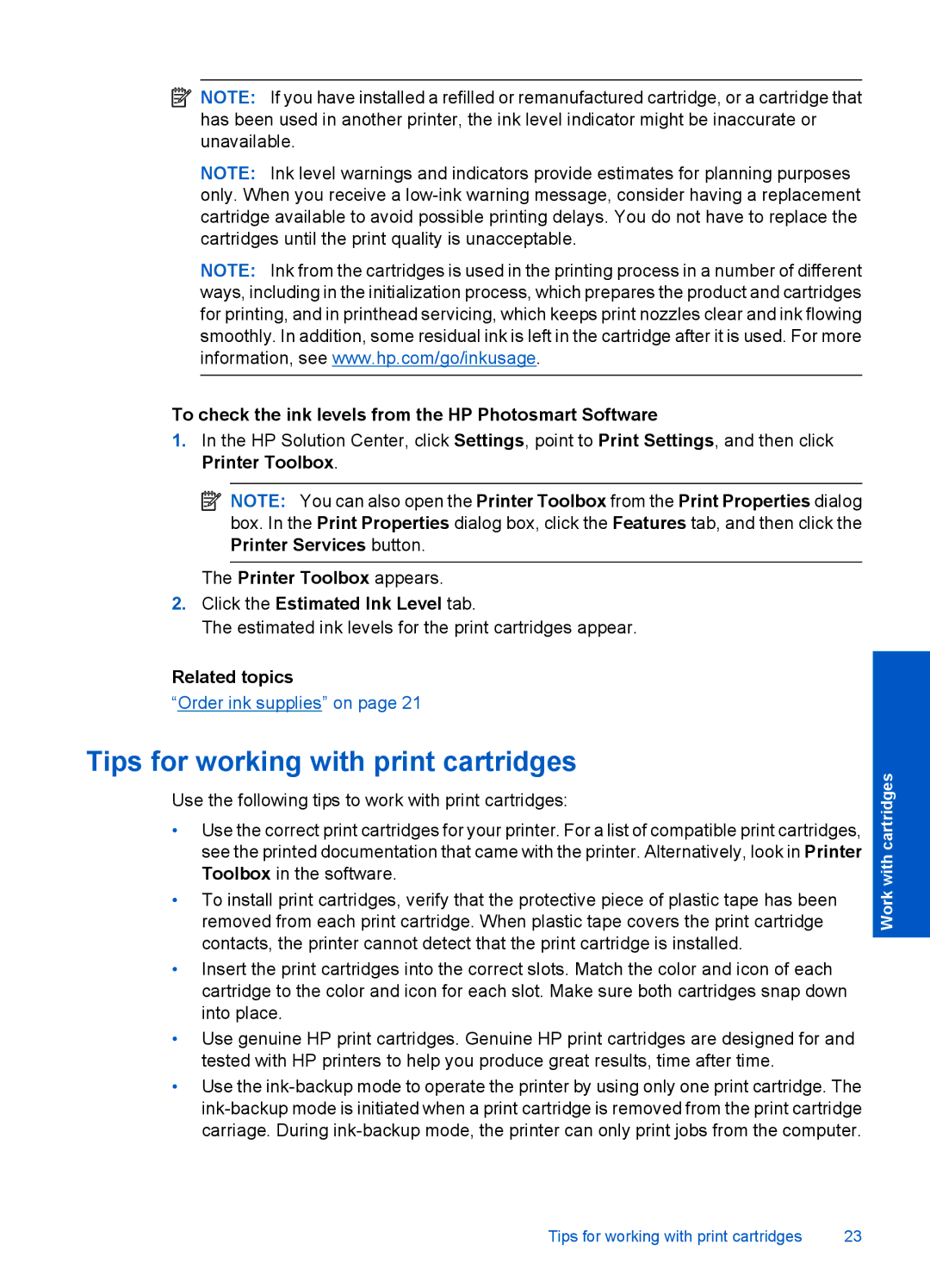 HP D110A CN731A#B1H manual Tips for working with print cartridges, To check the ink levels from the HP Photosmart Software 