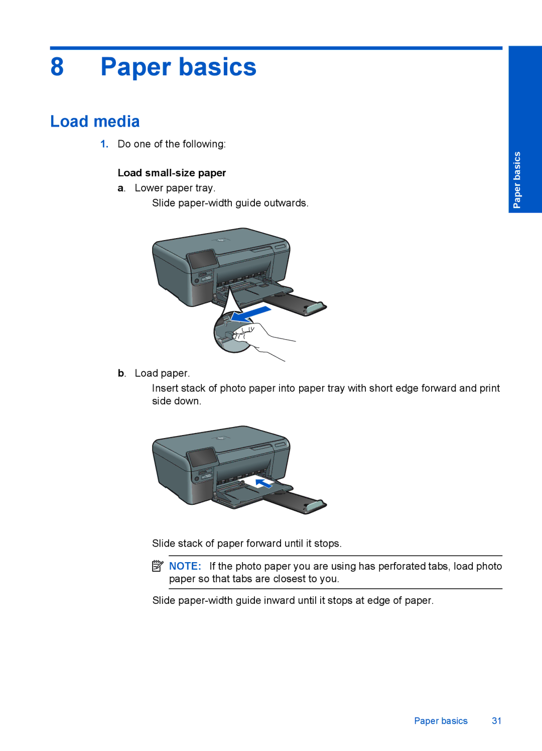 HP D110A CN731A#B1H manual Paper basics, Load media, Load small-size paper a. Lower paper tray 