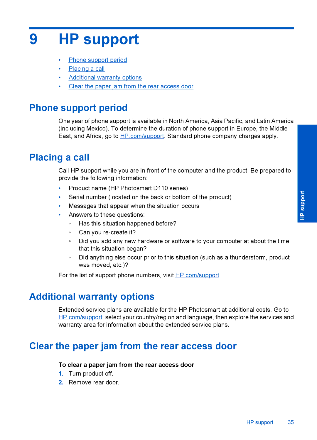 HP D110A CN731A#B1H manual HP support, Phone support period Placing a call, To clear a paper jam from the rear access door 