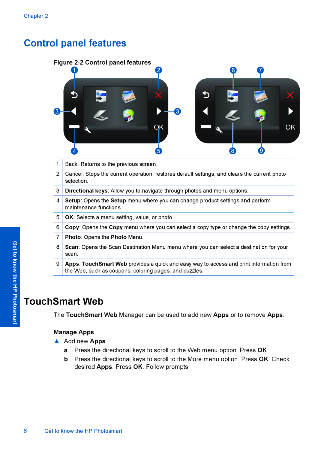 HP D110A CN731A#B1H manual Control panel features, Manage Apps 