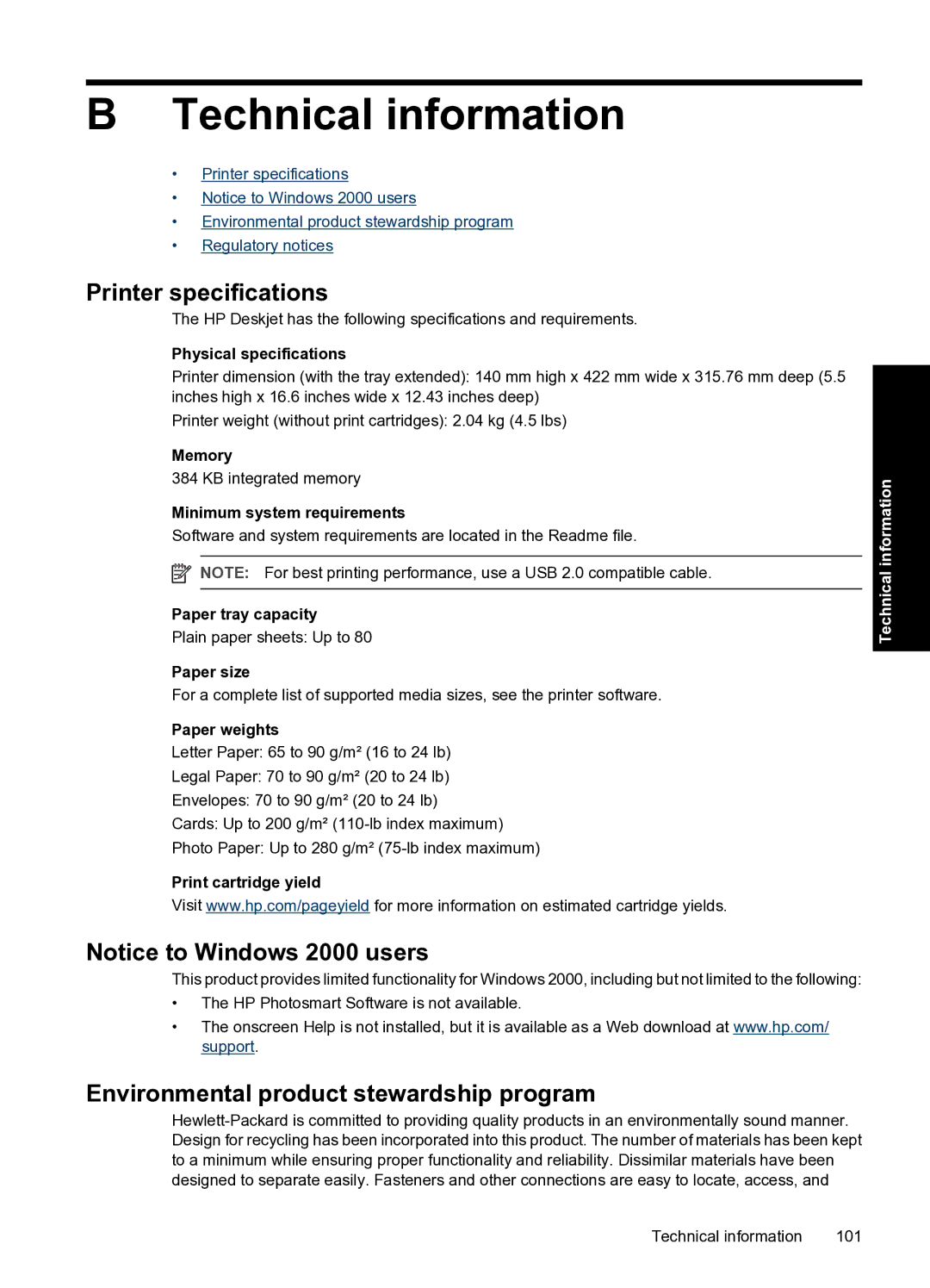 HP D1500 manual Technical information, Printer specifications 