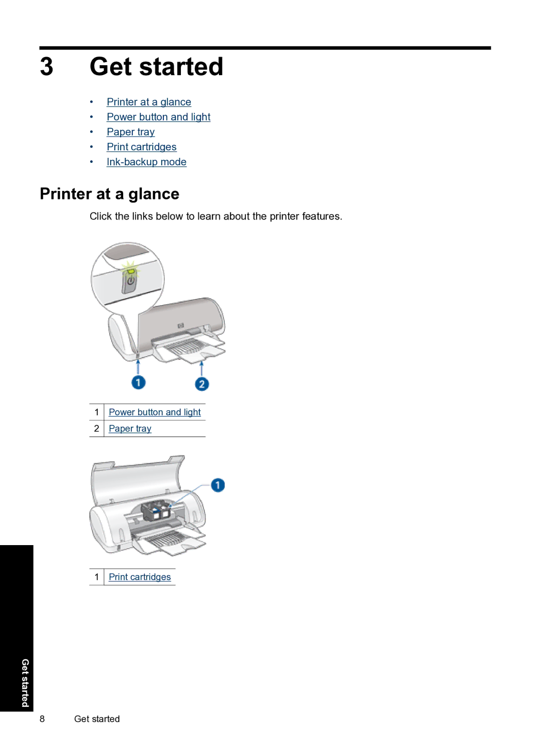 HP D1500 manual Get started, Printer at a glance 