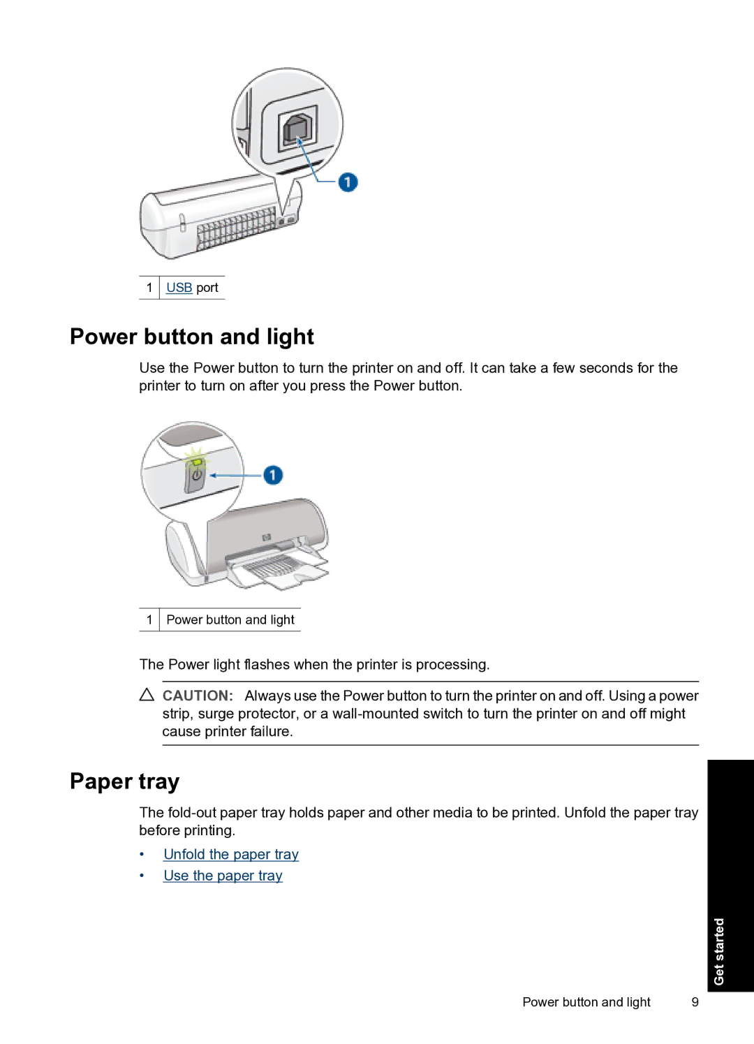 HP D1500 manual Power button and light, Paper tray 