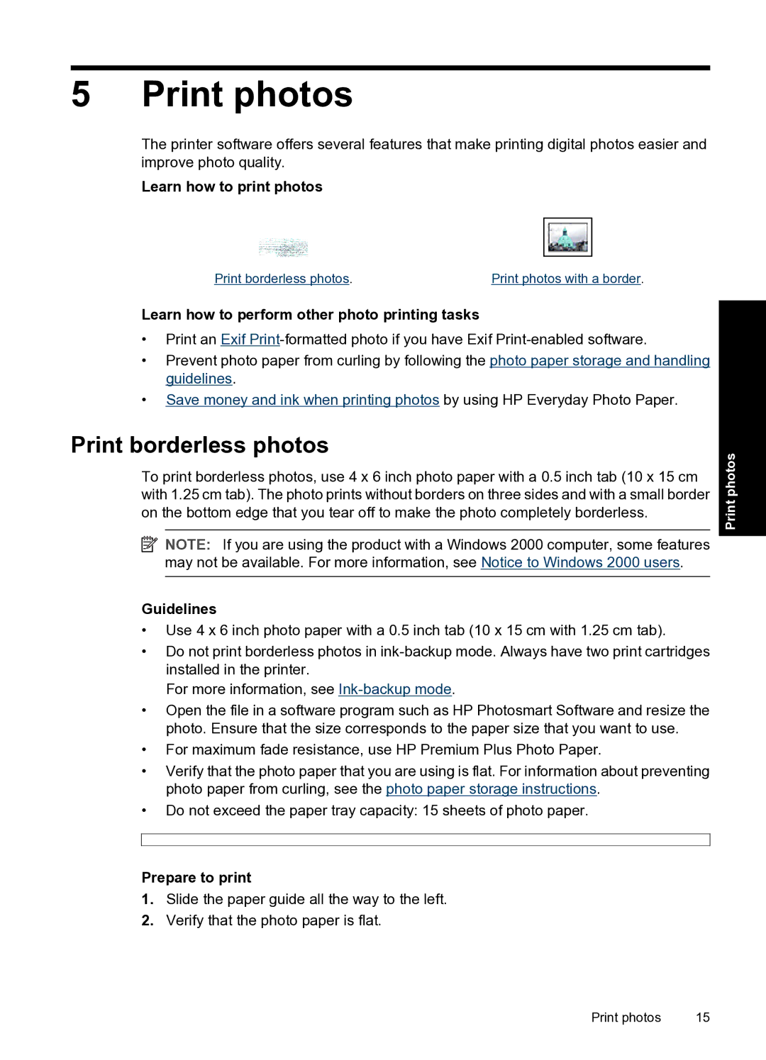 HP D1500 manual Print photos, Print borderless photos 