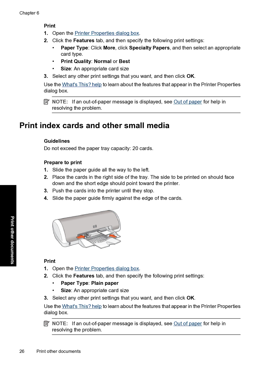 HP D1500 manual Print index cards and other small media, Print Quality Normal or Best 