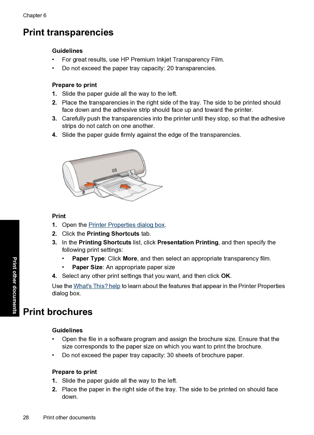 HP D1500 manual Print transparencies, Print brochures 