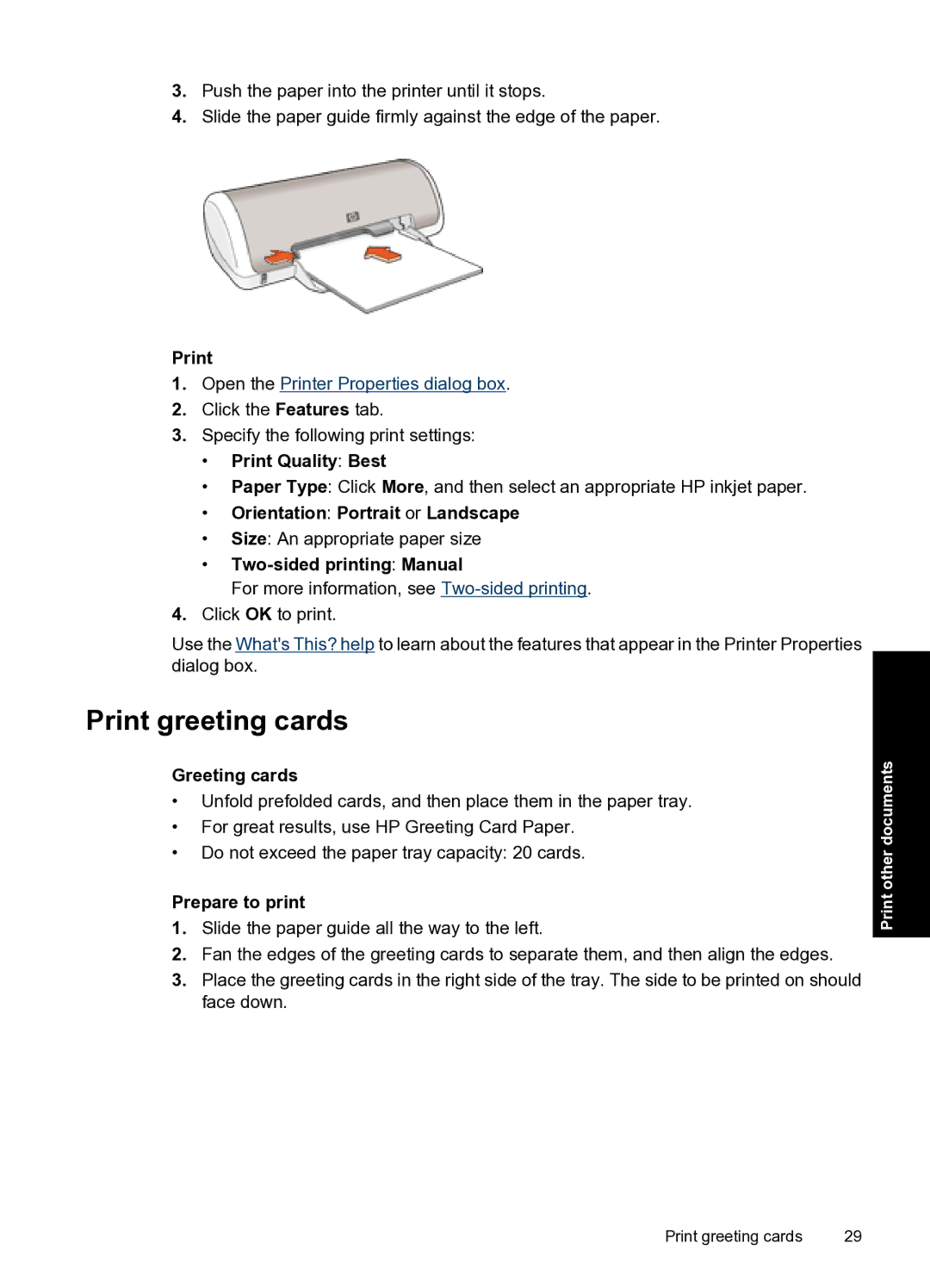 HP D1500 manual Print greeting cards, Print Quality Best, Two-sided printing Manual, Greeting cards 