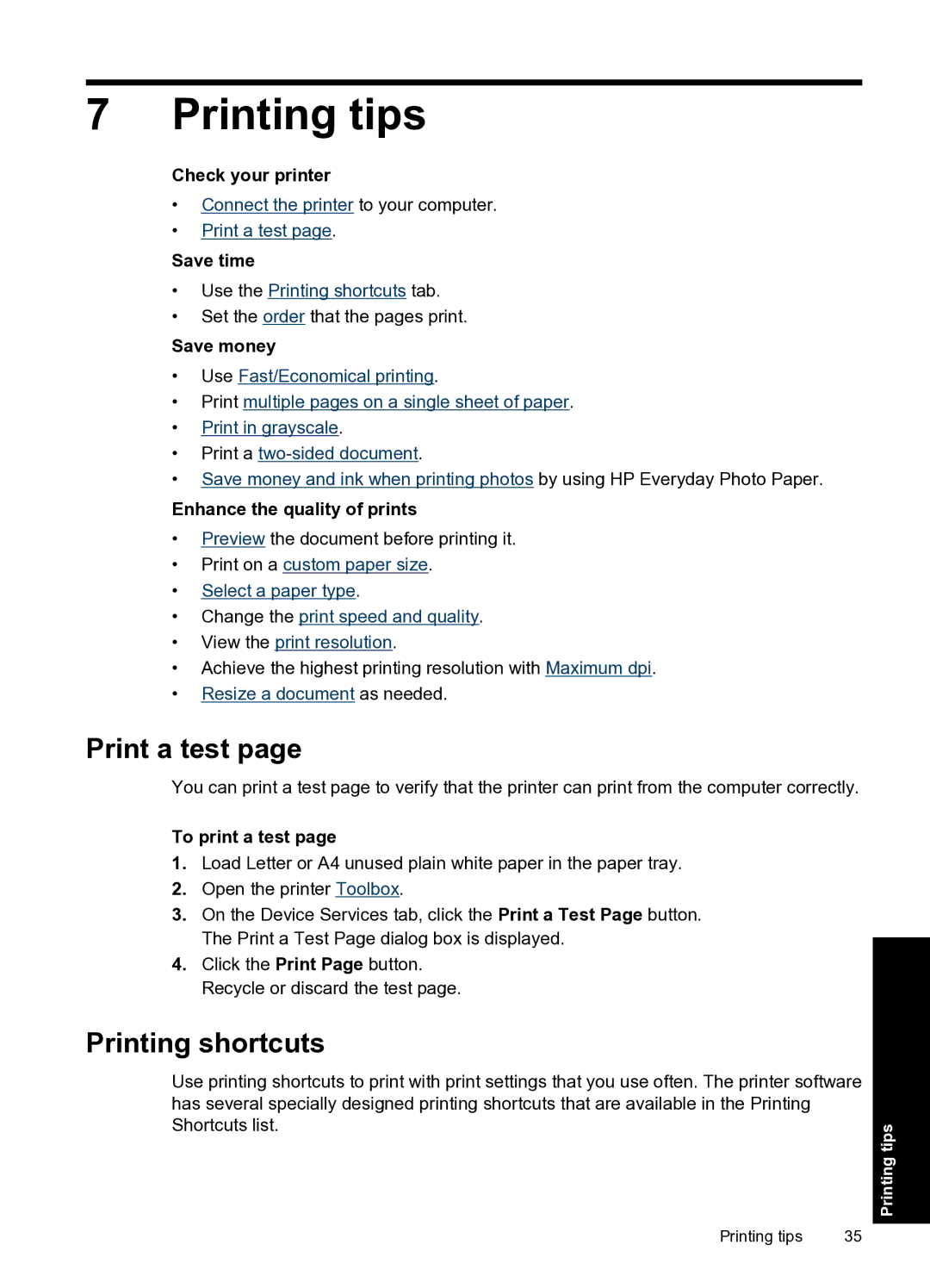 HP D1500 manual Printing tips, Print a test, Printing shortcuts 