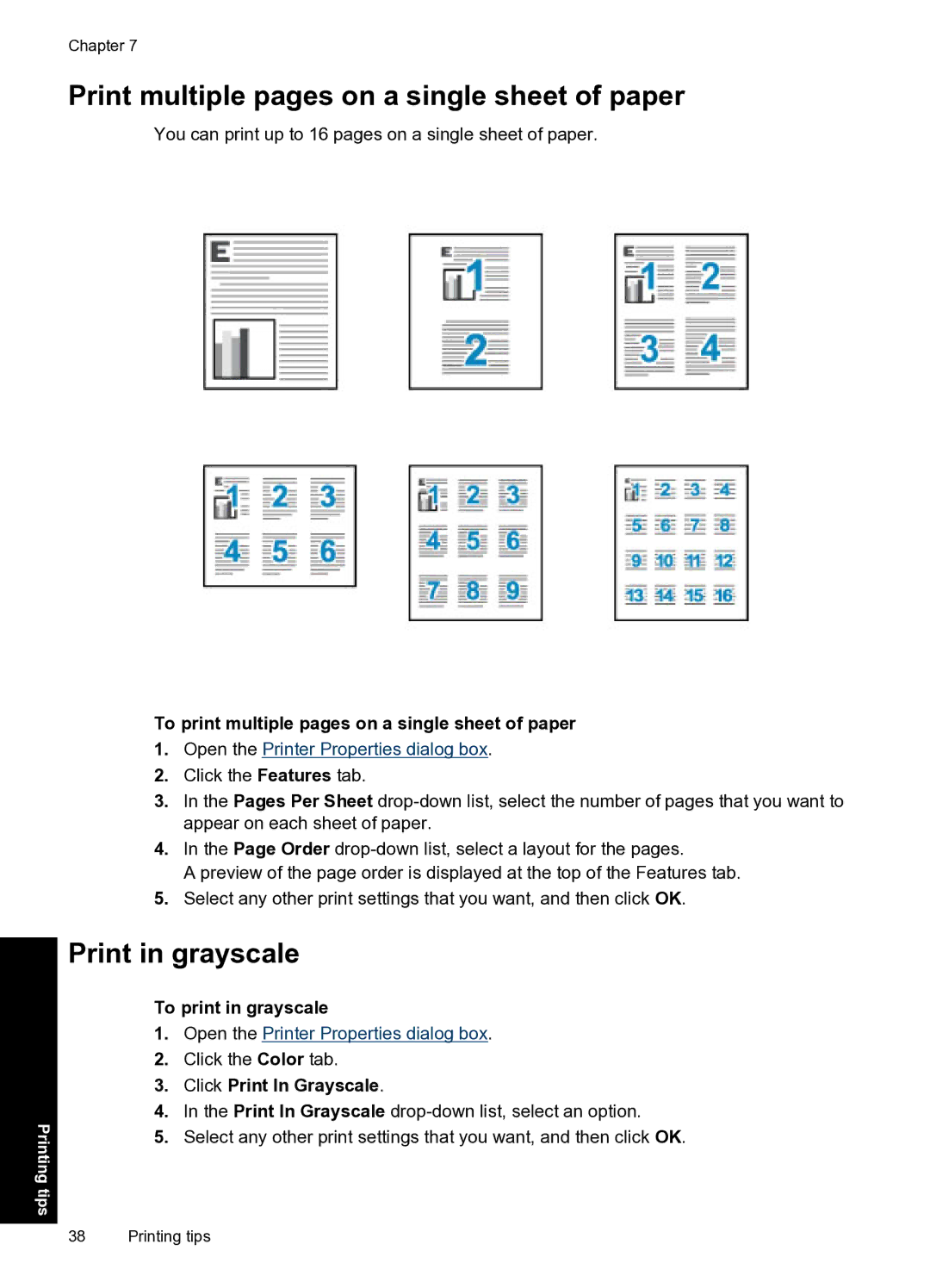 HP D1500 manual Print multiple pages on a single sheet of paper, Print in grayscale, To print in grayscale 