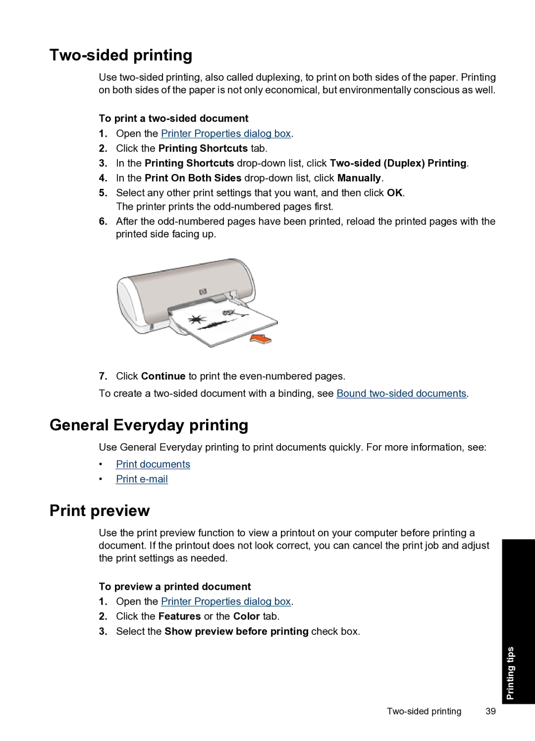 HP D1500 manual Two-sided printing, General Everyday printing, Print preview 