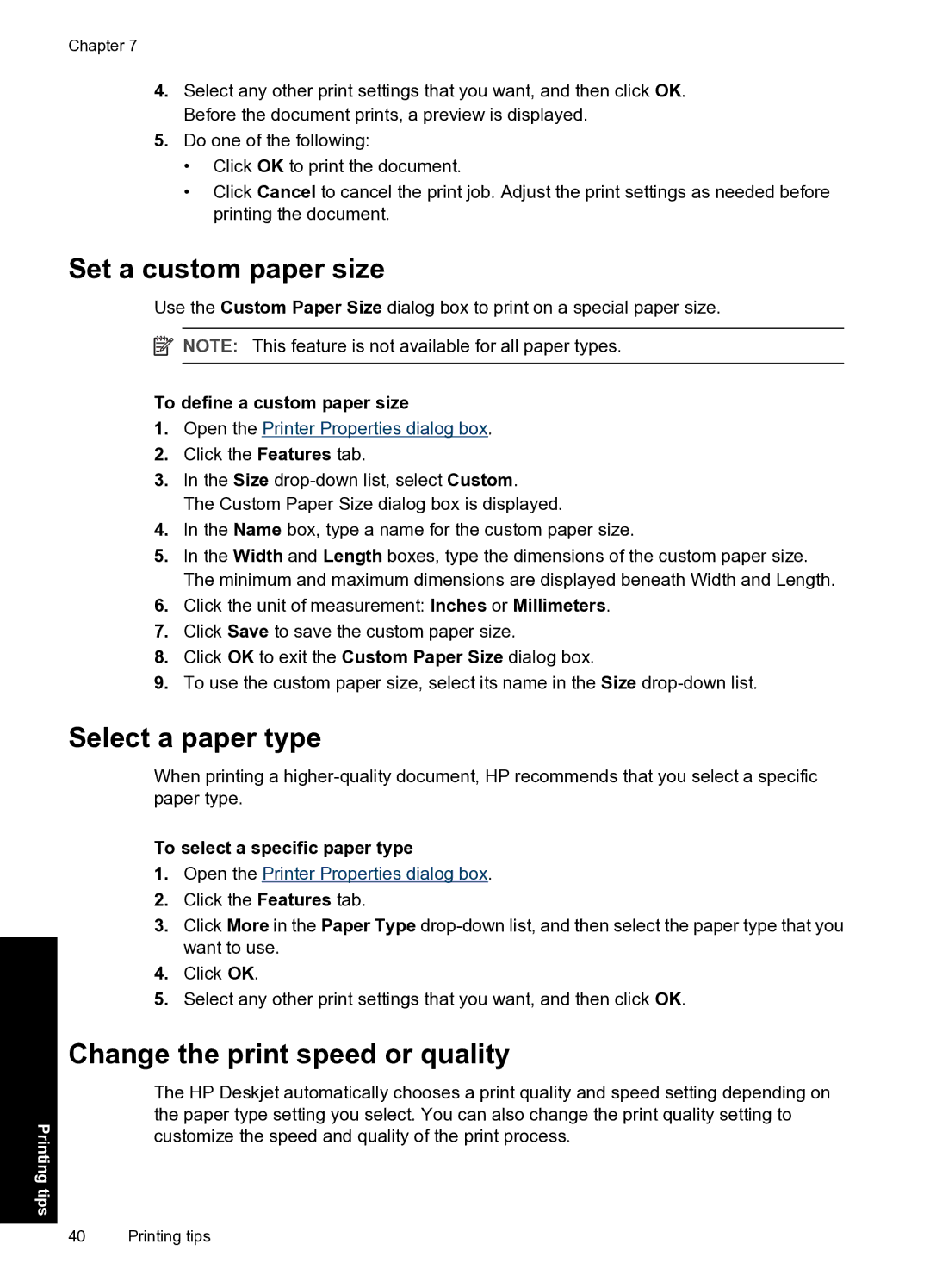 HP D1500 Set a custom paper size, Select a paper type, Change the print speed or quality, To define a custom paper size 