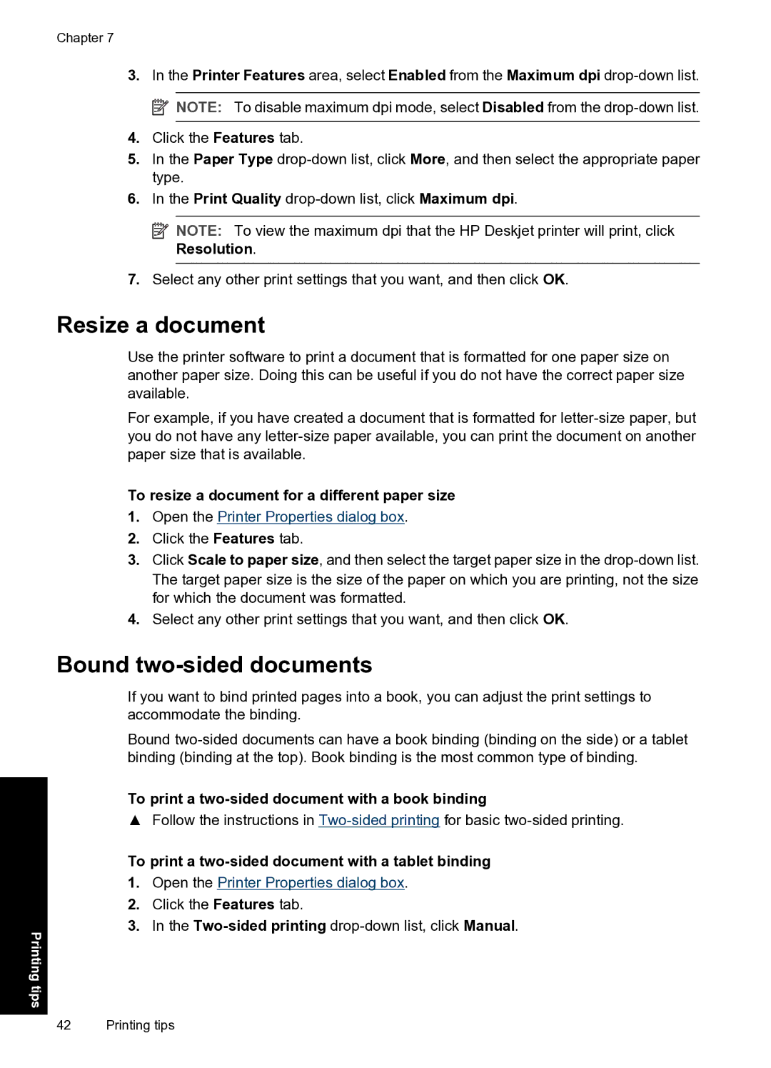 HP D1500 manual Resize a document, Bound two-sided documents, To resize a document for a different paper size 