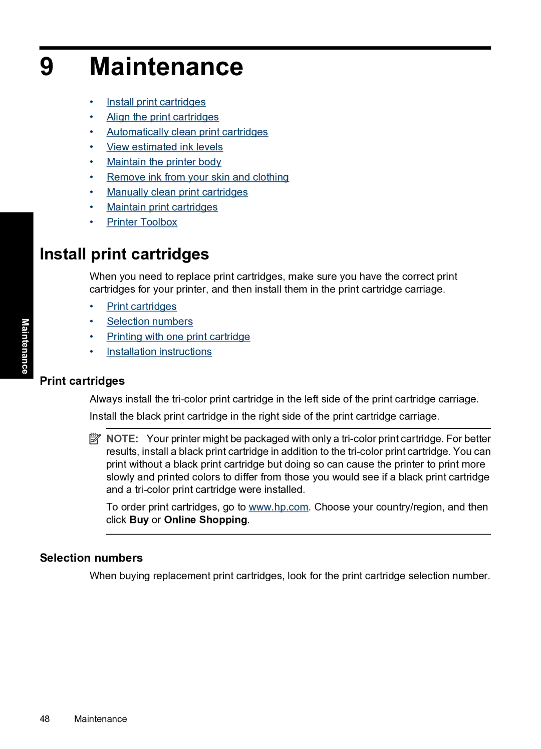 HP D1500 manual Maintenance, Install print cartridges, Print cartridges, Selection numbers 