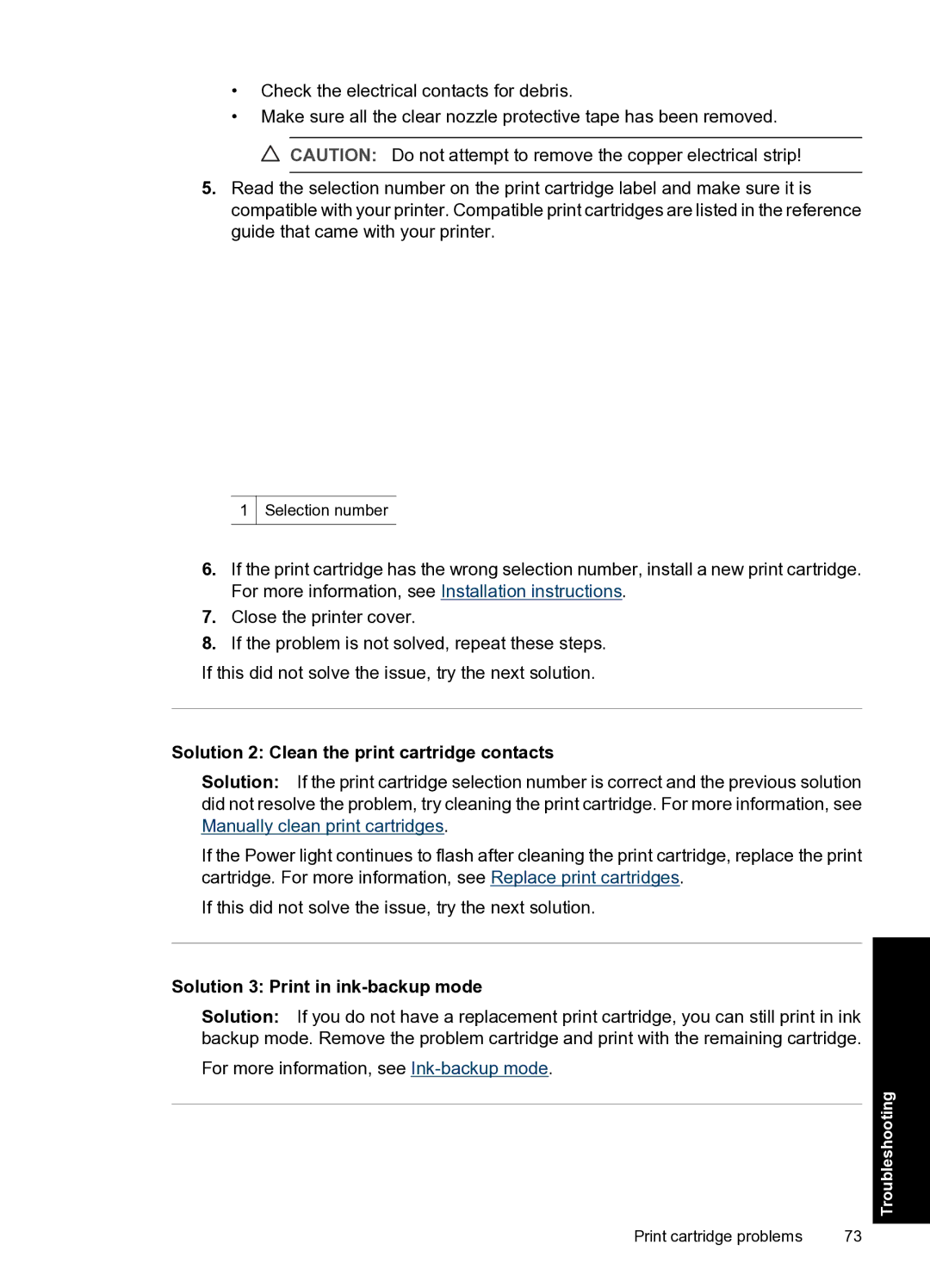 HP D1500 manual Solution 2 Clean the print cartridge contacts, Solution 3 Print in ink-backup mode 