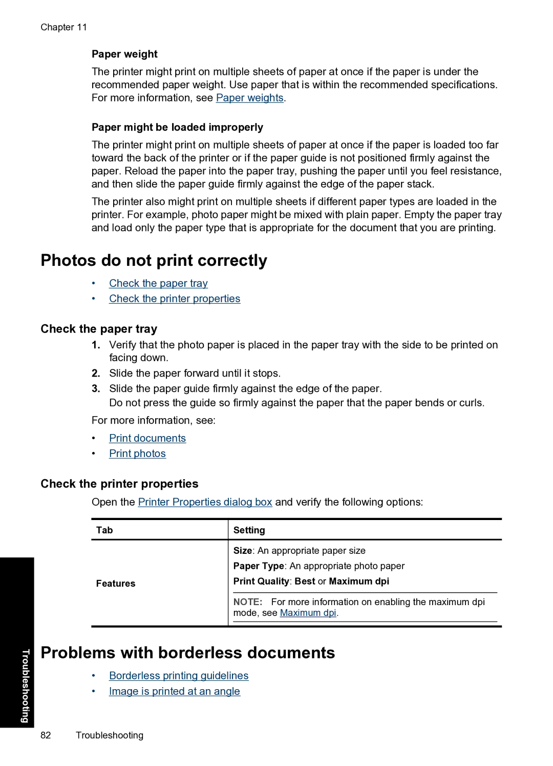 HP D1500 manual Photos do not print correctly, Problems with borderless documents, Check the paper tray 