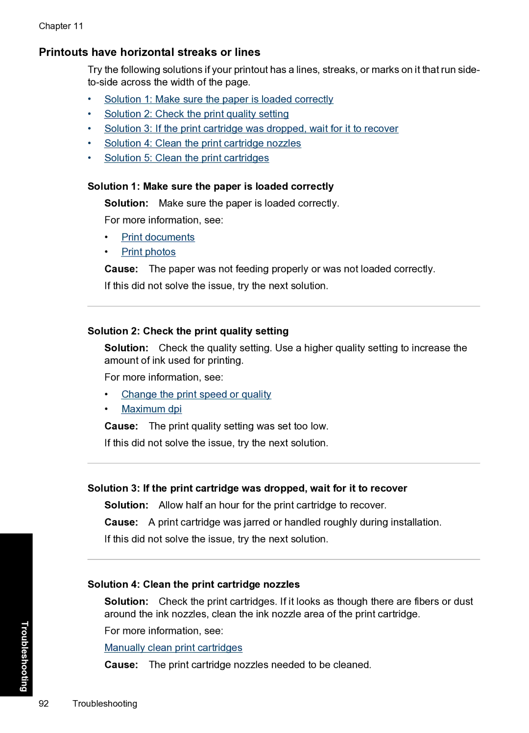 HP D1500 manual Printouts have horizontal streaks or lines, Solution 1 Make sure the paper is loaded correctly 