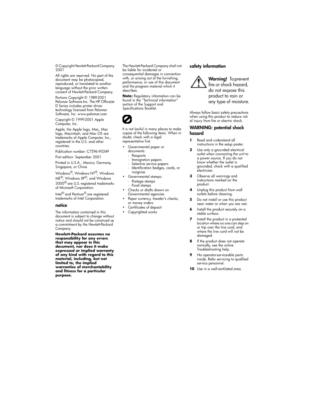 HP d145, d155xi, d135xi manual Safety information, Copyright Hewlett-Packard Company 